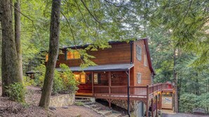 A wooden cabin with a porch and stone steps, surrounded by trees. - Ellijay River Access (Trout!) | Hot Tub| Firepit | Games | Dogs Welcome! (Cherry Log)