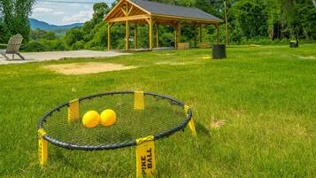 A sports field with a netted goal area and two yellow balls.