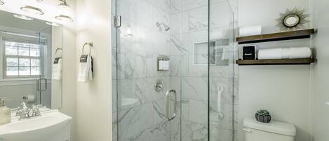 A modern bathroom with a glass shower enclosure, a white sink, and a toilet.