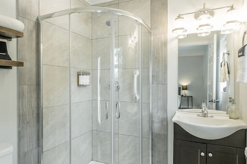 Shower, designer toiletries, hair dryer, towels