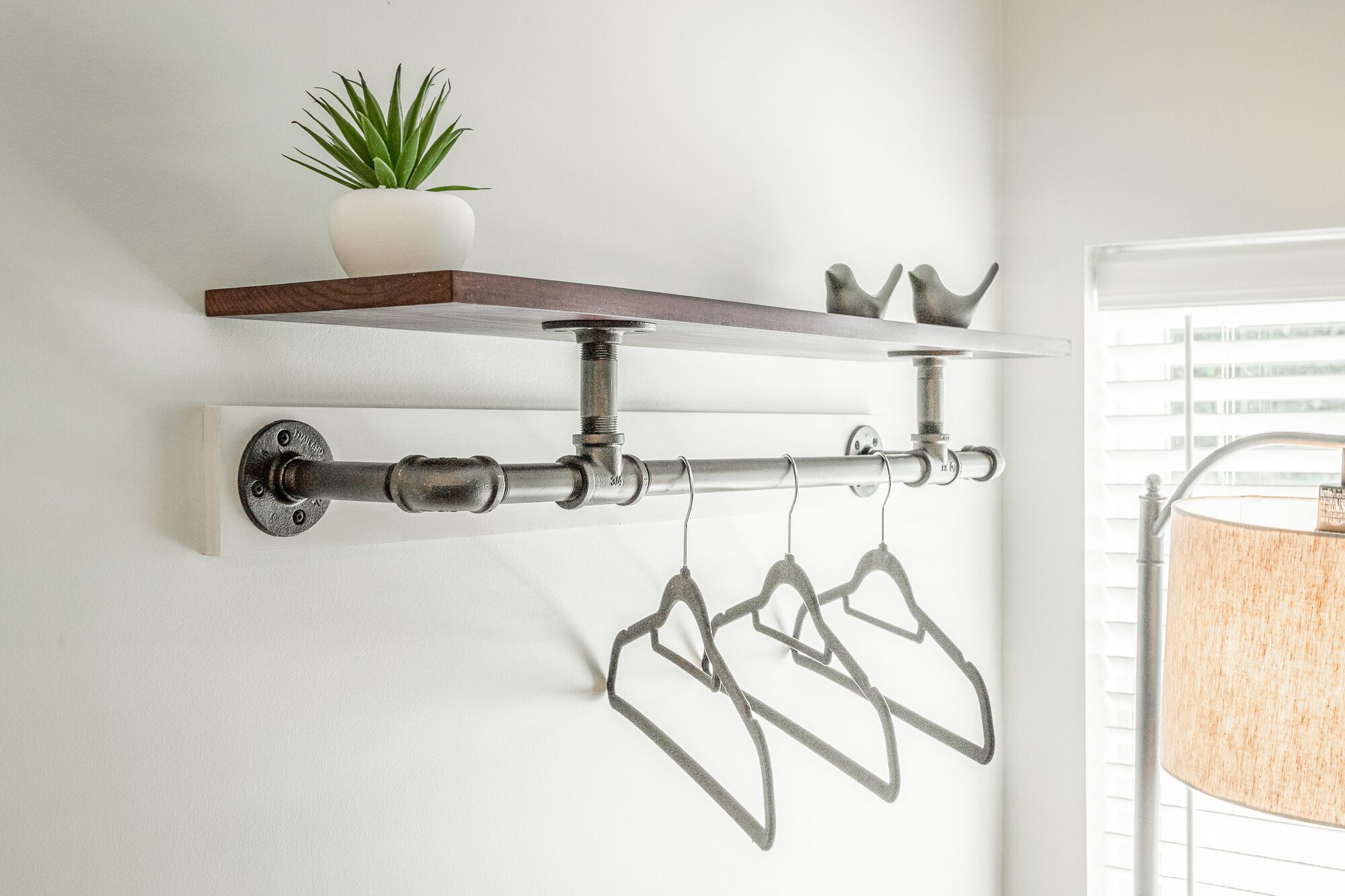 A wall-mounted shelf with a potted plant and metal hangers.