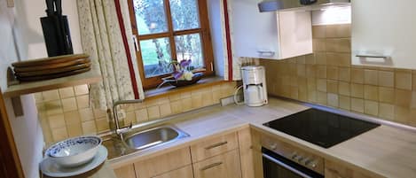 Fridge, microwave, stovetop, coffee/tea maker
