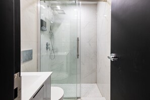 淋浴设施、大花洒淋浴喷头、免费洗浴用品、吹风机