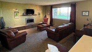 A living room with a fireplace, a television, and a large window. - Mountain View Farmhouse; lots of extras! (Mead)