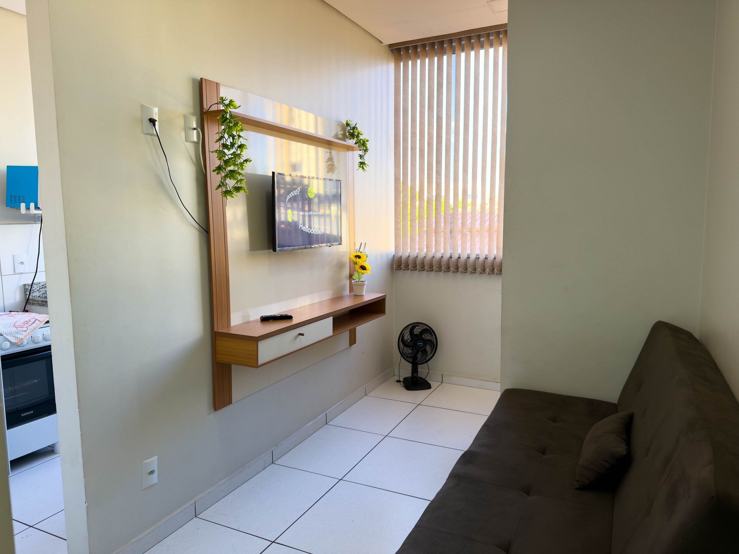 Uma sala de estar com televisão de tela plana, um móvel de madeira para TV, um vaso de planta, um ventilador de chão e um sofá.