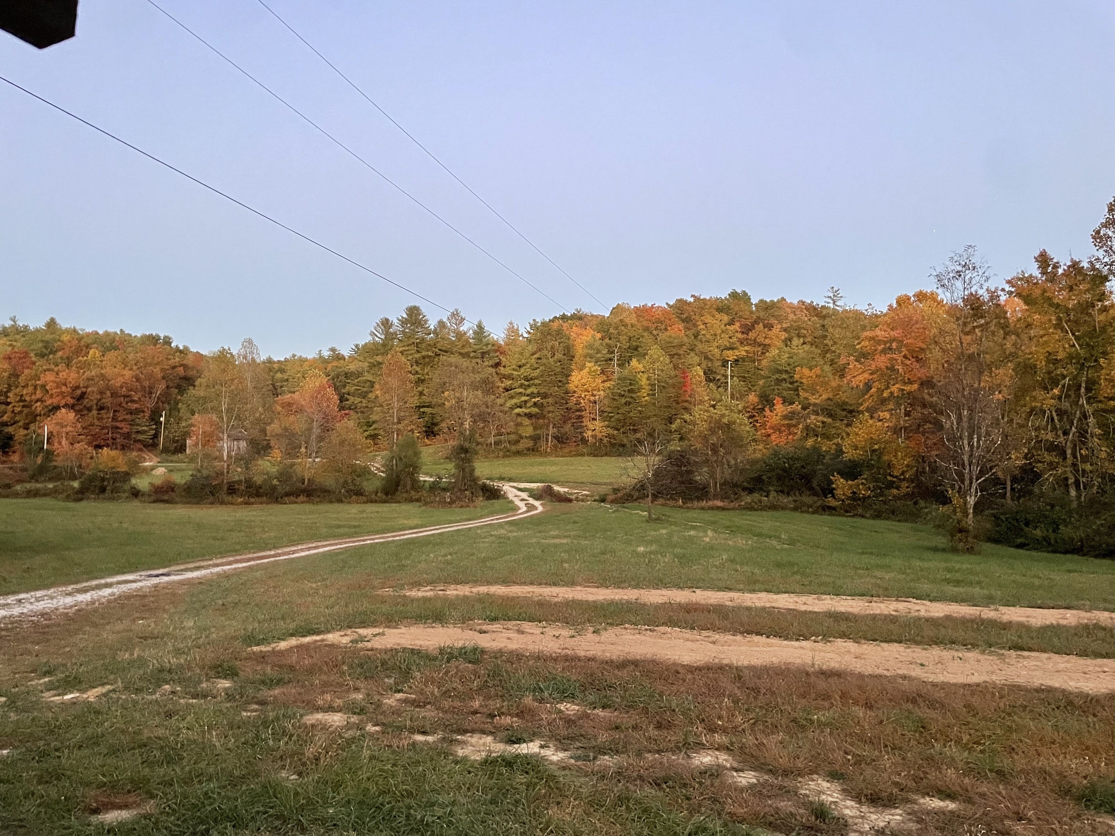 A rural landscape with a dirt path leading through a grassy field, surrounded by trees with autumn foliage.