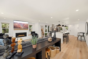 Casa, varias camas, patio, vista al jardín (312 Locust St.) | Área de sala de estar | Televisión de 40 pulgadas con canales digitales y chimenea 
