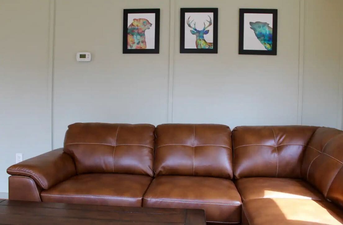 Ein braunes Ledersofa in einem Wohnzimmer mit einer weißen Wand und drei gerahmten Tierbildern darüber.
