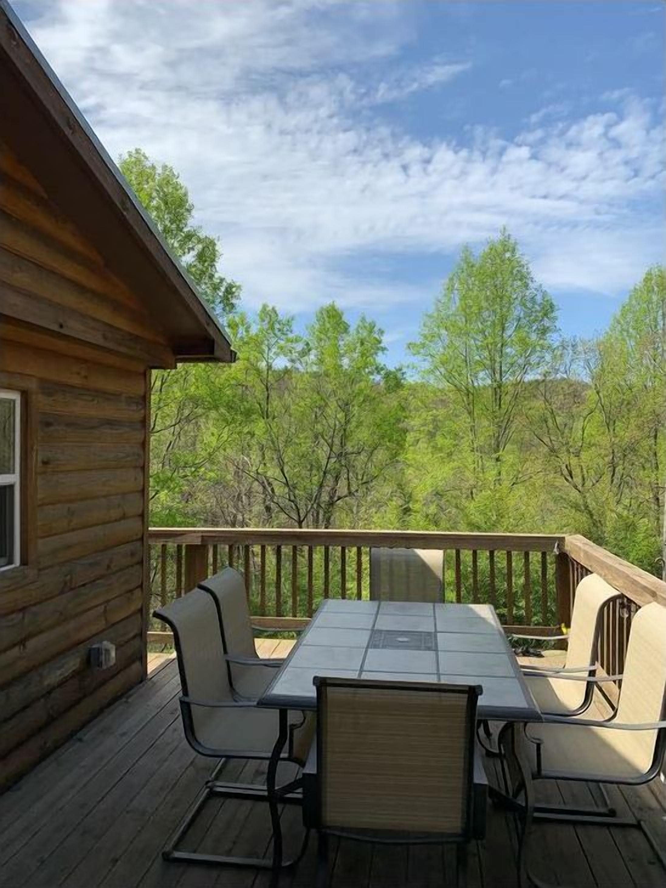 A wooden deck with a table and chairs, overlooking a forested area.