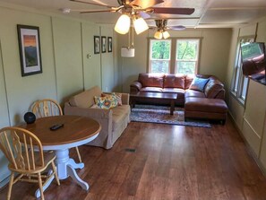 Smart TV, fireplace, DVD player, books