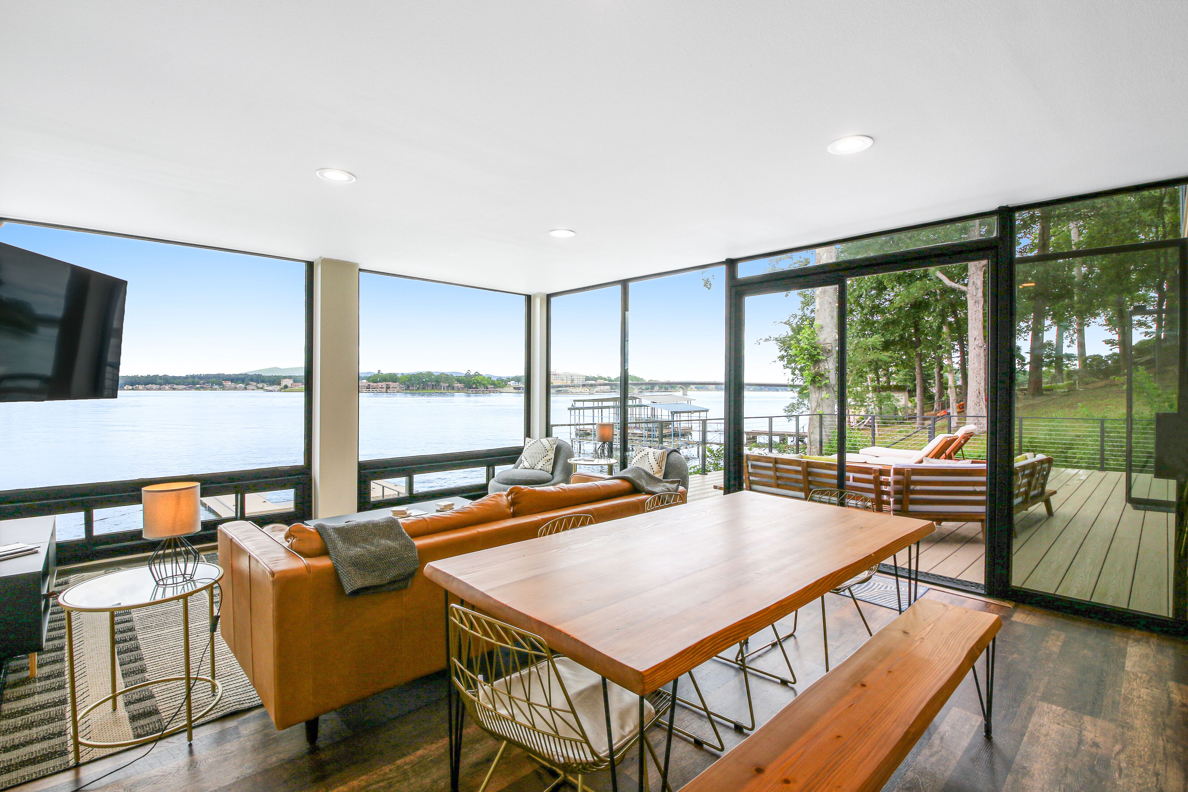 Unique lake-view shipping container with boat slip, large yard, 2 decks, firepit