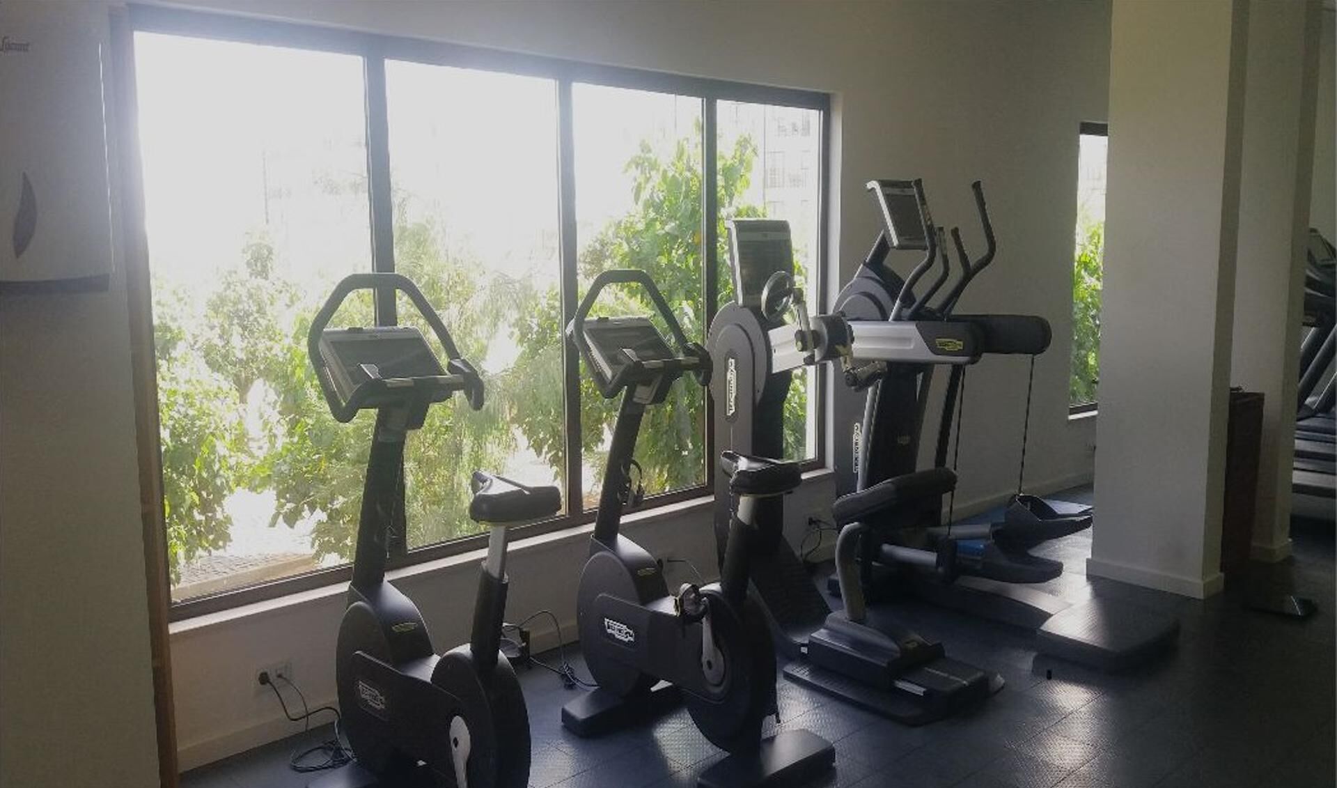 A gym with stationary bikes, treadmills, and a rowing machine.
