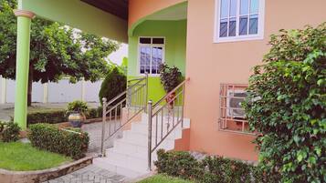 Un bâtiment à la façade verte et orange, un escalier avec des rampes en métal et une plante en pot près de l’entrée.