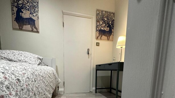 A bedroom with a bed, a door, a desk with a lamp, and two wall-mounted paintings of deer. - Studio Sleeps 1 Near Acton Park (London)
