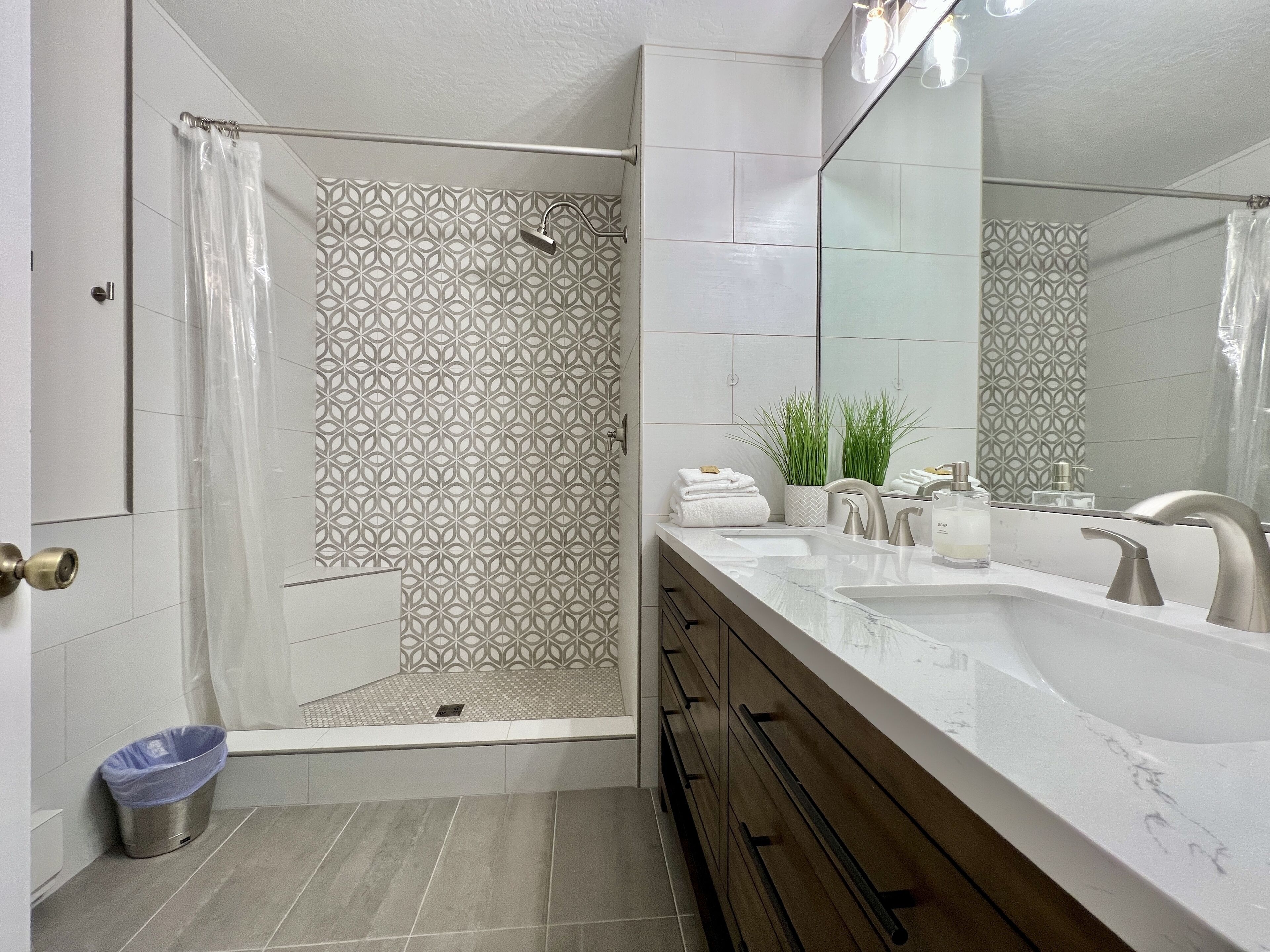 Shower, towels, soap, shampoo