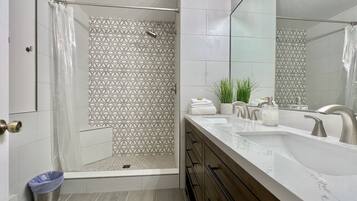Shower, towels, soap, shampoo