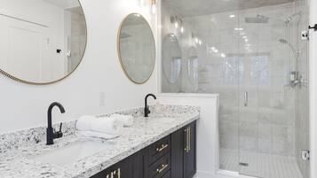 Shower, towels, soap, shampoo