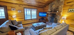 Smart TV, fireplace, video games, DVD player