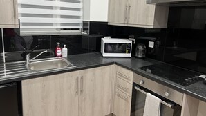 A modern kitchen with a stainless steel sink, a microwave, and a stove. - Entire Studio apartment - London  (London)
