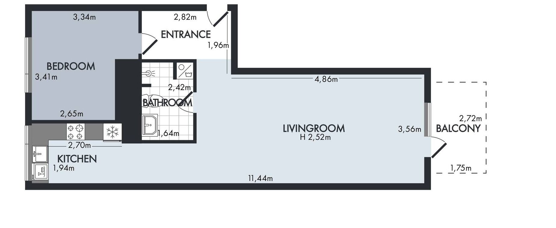 A floor plan of a house with a bedroom, bathroom, kitchen, living room, and balcony.