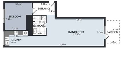 A floor plan of a house with a bedroom, bathroom, kitchen, living room, and balcony.