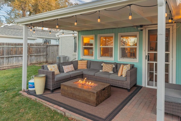 back patio with seating and fire pit