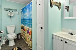 Eco-friendly toiletries, hair dryer, towels, toilet paper