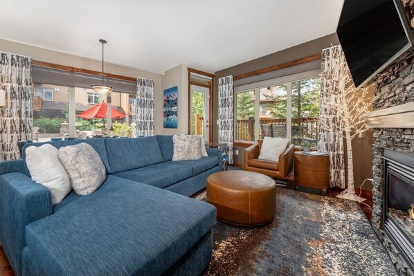 Smart TV, fireplace, books