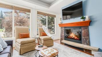 Smart TV, fireplace, books