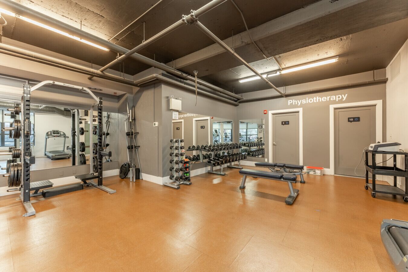 Une salle de sport équipée de matériel de musculation, de tapis de course et d’une salle de physiothérapie.