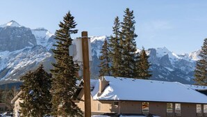 Un edificio con techo nevado, rodeado de altos árboles de hoja perenne y montañas nevadas al fondo.