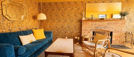 Televisión, chimenea, libros