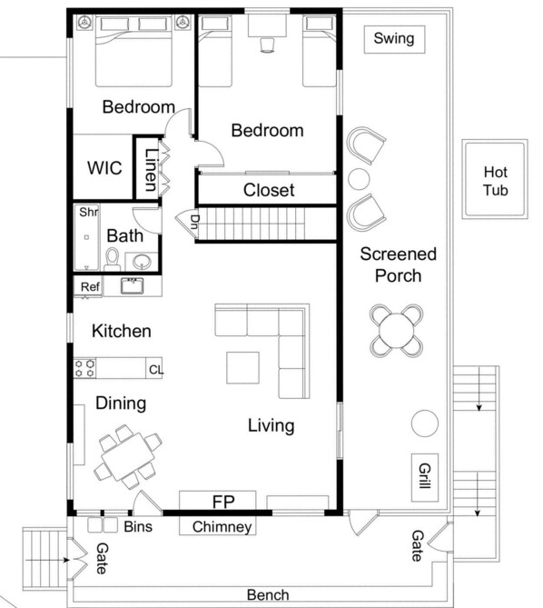 Plano de planta que muestra un dormitorio, armario, baño, cocina, comedor, sala de estar, porche con mosquiteras, columpio, jacuzzi y un banco.