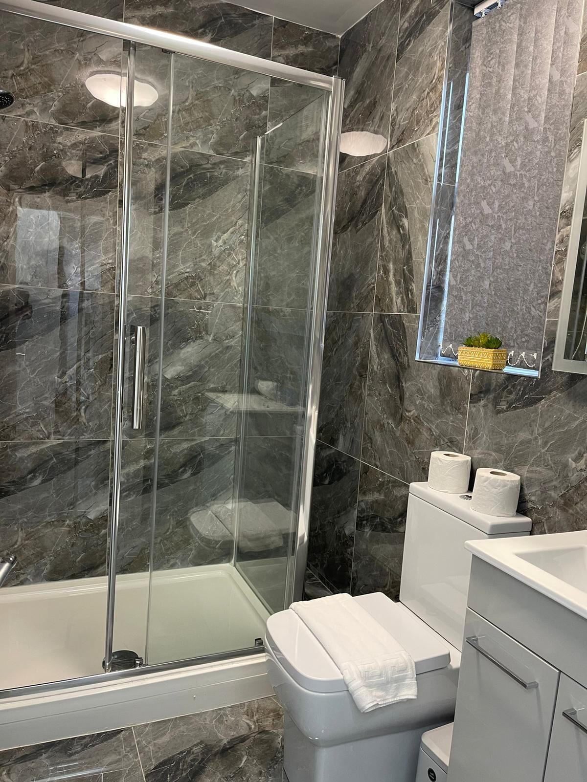 A modern bathroom with a glass-enclosed shower, marble walls, a toilet, and a sink.
