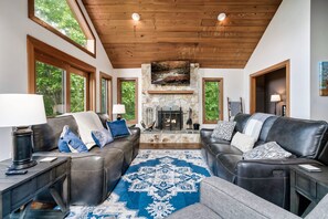 Smart TV, fireplace, books