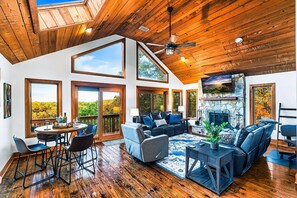 Smart TV, fireplace, books