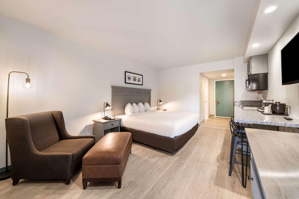 Una habitación de hotel moderna con cama, escritorio, silla, banco y televisor.