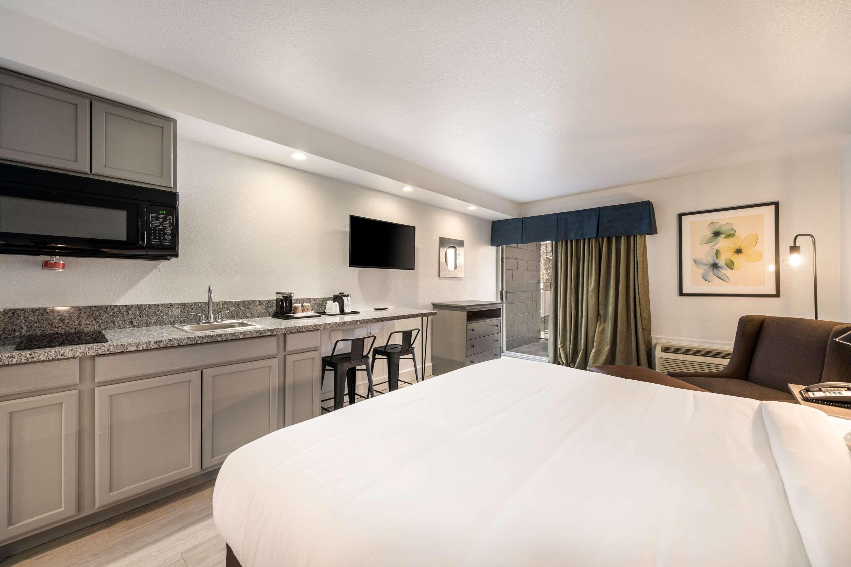 Une chambre d’hôtel équipée d’une kitchenette, d’un lit, d’un coin salon et d’une télévision.