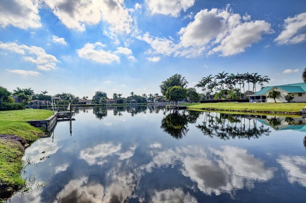 Un lago tranquilo que refleja palmeras y un cielo despejado.
