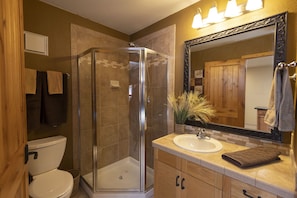 Combined shower/tub, hair dryer, towels