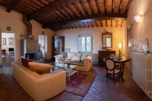 Ein gemütliches Wohnzimmer mit Kamin, einer Couch, einem Couchtisch und einem Esstisch mit Stühlen.