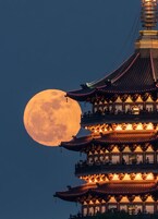 A traditional multi-tiered pagoda with illuminated railings and a full moon in the background.