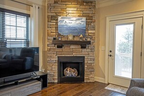 Televisión, chimenea, estéreo