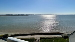 Une vue sur le bord de l’eau, avec un ciel dégagé, une étendue d’eau calme et un sentier menant au rivage.