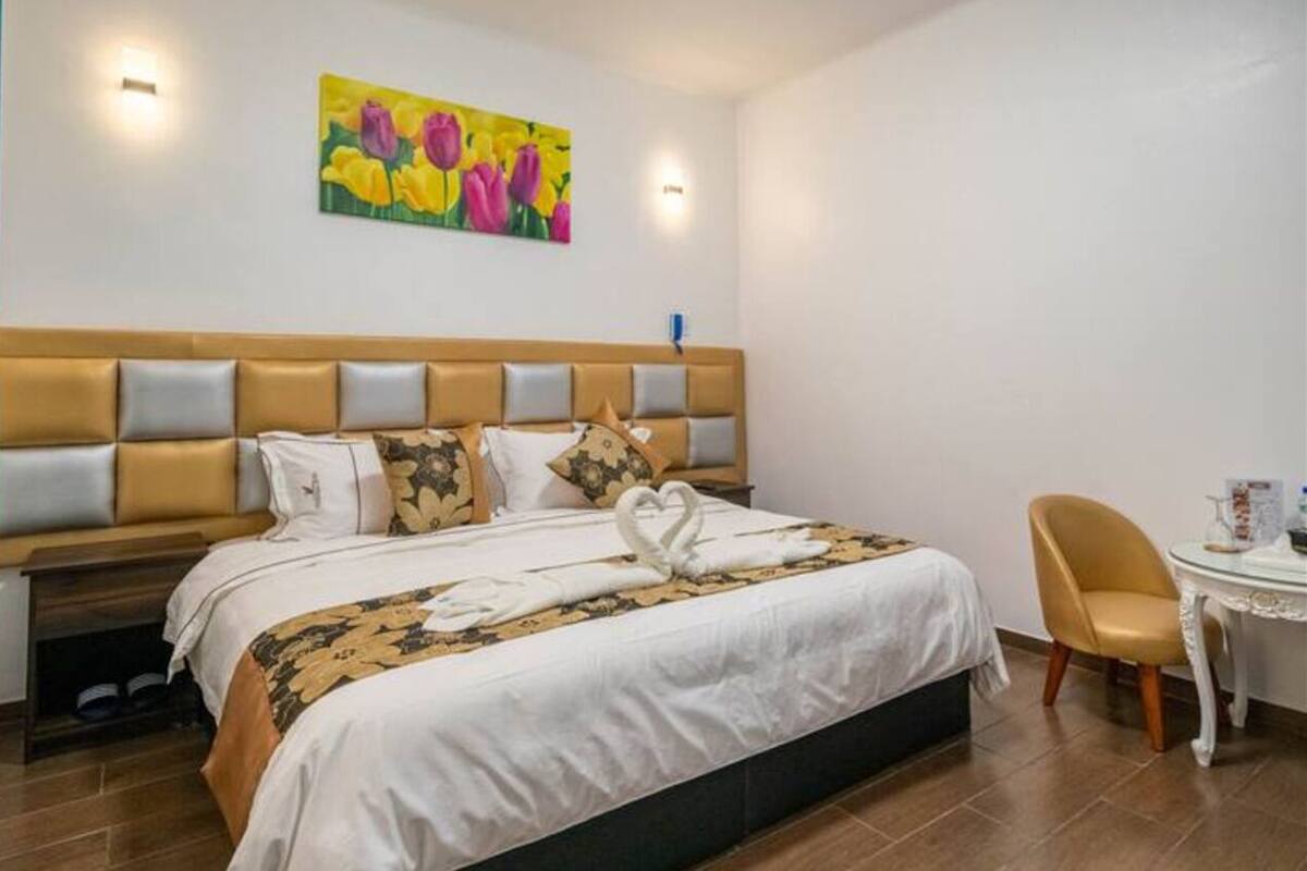 Premium bedding, down duvets, blackout curtains, iron/ironing board