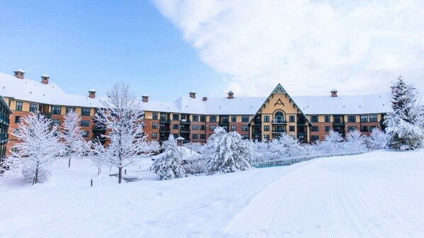 A multi-story hotel with a symmetrical facade, snow-covered trees, and a clear sky.