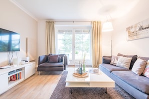 Télévision, cheminée, lecteur de DVD, chaîne hi-fi