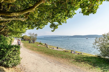 A lakeside path with people walking and sitting, surrounded by greenery and boats on the water.. Apartment 'Radolfzell Bodensee' with Mountain View, Balcony and Wi-Fi