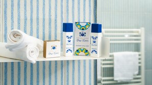 Ein Badezimmer mit blau-weiß gestreifter Wand, einem weißen Handtuch und drei Flaschen der Hotel-Kosmetiklinie 'Due Torri' auf einem Regal.