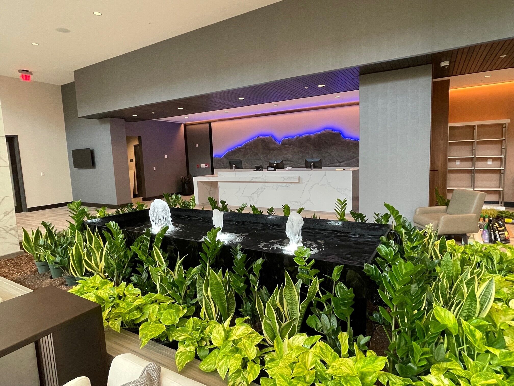A reception area with a marble counter, a water feature, and lush greenery.